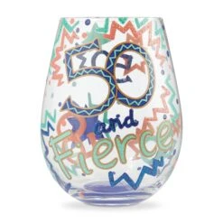 50 And Fierce Hand-Painted Stemless Wine Glass, 20 Oz.(50 And Fierce Hand Painted Artisan Stemless Wine Glass 20 Oz)