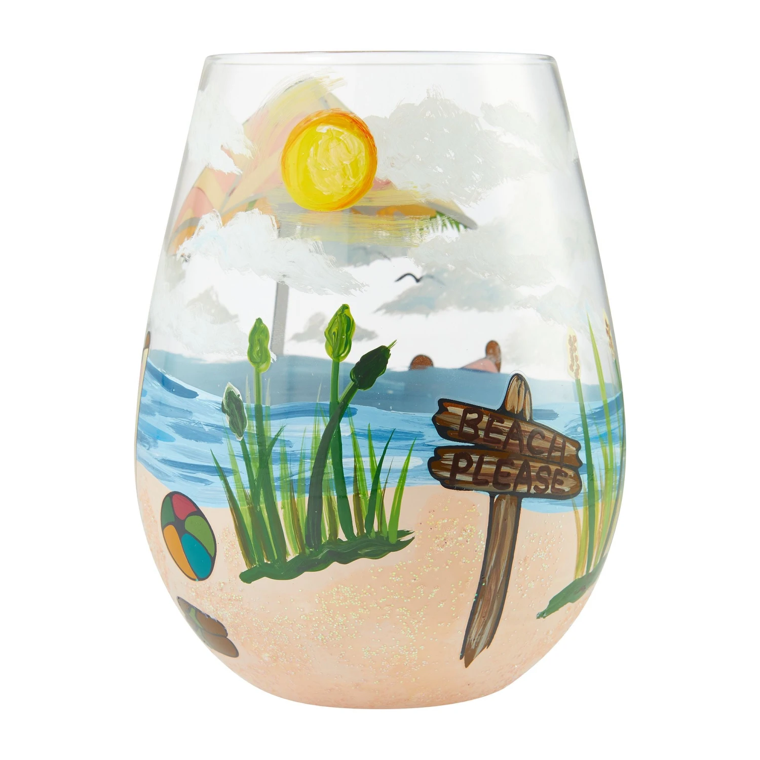 Beach Please Hand-Painted Stemless Wine Glass, 20 Oz.(Beach Please Hand Painted Artisan Stemless Wine Glass 20 Oz) 2 Beach Please Hand-Painted Stemless Wine Glass, 20 Oz.(Beach Please Hand Painted Artisan Stemless Wine Glass 20 Oz) - Image 2