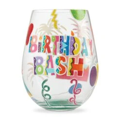 Birthday Bash Hand-Painted Stemless Wine Glass, 20 Oz.(Birthday Bash Hand Painted Artisan Stemless Wine Glass 20 Oz)