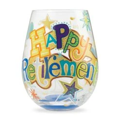 Happy Retirement Hand-Painted Stemless Wine Glass, 20 Oz.(Happy Retirement Hand Painted Artisan Stemless Wine Glass 20 Oz)