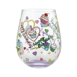 Birthday Cupcakes Hand-Painted Stemless Wine Glass, 20 Oz.(Stemless Birthday Cupcakes)