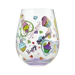 Birthday Cupcakes Hand-Painted Stemless Wine Glass, 20 Oz.(Stemless Birthday Cupcakes) -Glassware Store 6006946 2