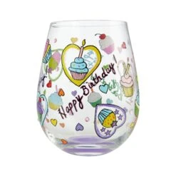 Birthday Cupcakes Hand-Painted Stemless Wine Glass, 20 Oz.(Stemless Birthday Cupcakes) -Glassware Store 6006946 3