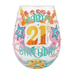 Happy 21st Birthday Hand Painted Stemless Wine Glass(Happy 21st Birthday Hand Painted Stemless Wine Glass)