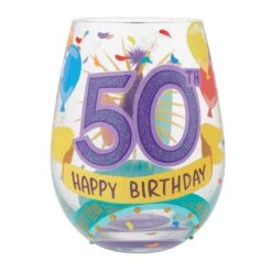 Happy 50th Birthday Hand Painted Stemless Wine Glass(Happy 50th Birthday Hand Painted Stemless Wine Glass)