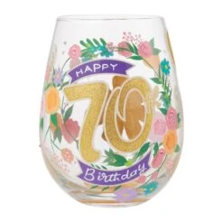 Happy 70th Birthday Hand Painted Stemless Wine Glass(Happy 70th Birthday Hand Painted Stemless Wine Glass)