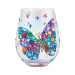 Bejeweled Butterfly Hand Painted Stemless Wine Glass(Bejeweled Butterfly Hand Painted Stemless Wine Glass)